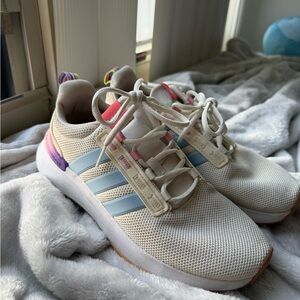 adidas Cream and Blue Athletic shoes w/ rainbow color details